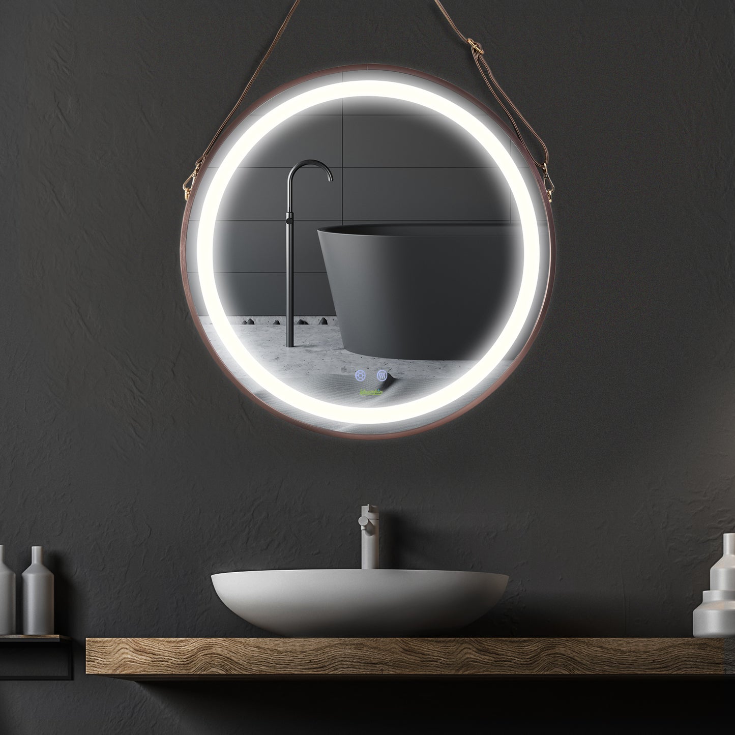 kleankin 24'' Round Led Bathroom Mirror, Dimmable Anti Fog Wall-Mounted Mirror with 3 Temperature Colors, Plug-in, Rose Gold