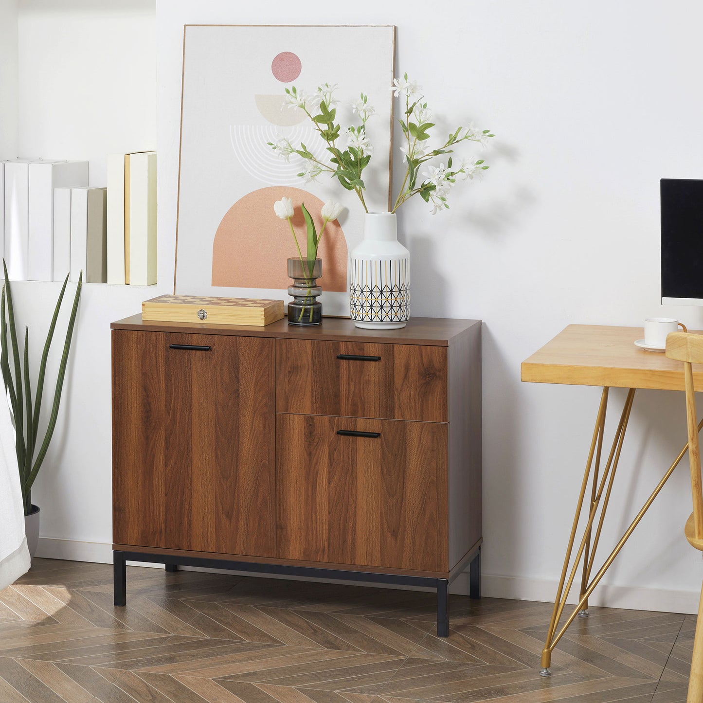 HOMCOM Kitchen Cabinet, Storage Cabinet, Sideboard Floor Accent Cabinet w/ Drawer, Enclosed Cabinet & Adjustable Shelves, Walnut Brown