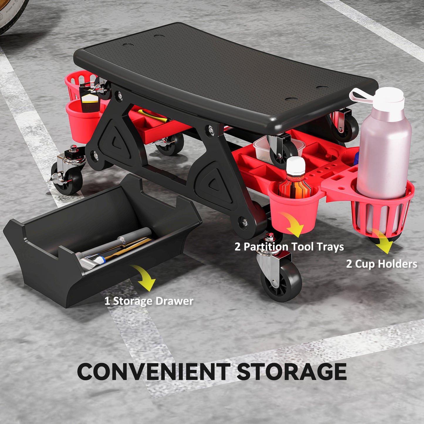 HOMCOM Rolling Garage Stool, 300 LBS Capacity Padded Mechanic Stool with 2.5" Wheels, Adjustable Height 15" -19.7", Red