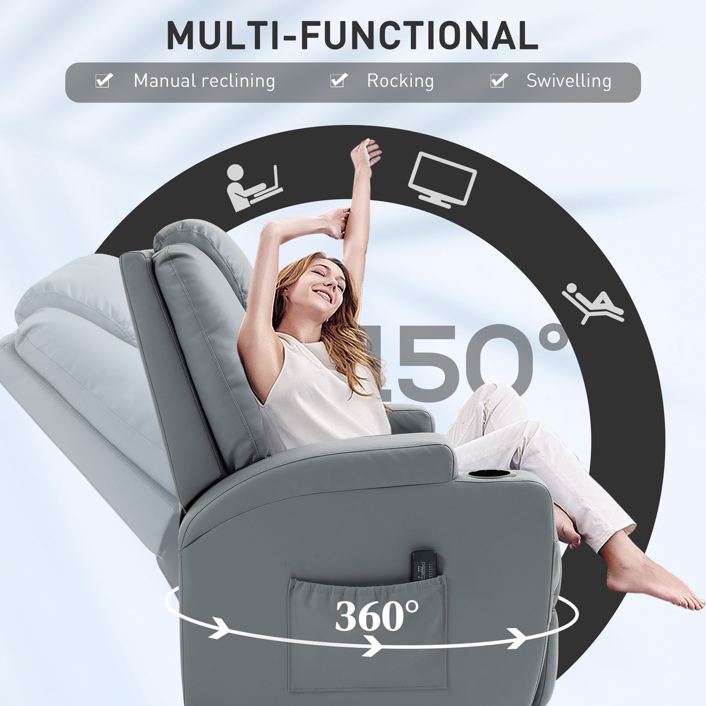 HOMCOM Massage Recliner Chair, Swivel Nursery Rocker Chair, Manual Reclining Sofa with 8 Vibration Points, PU Leather, Cup Holders, Side Pockets, for Living Room, Black