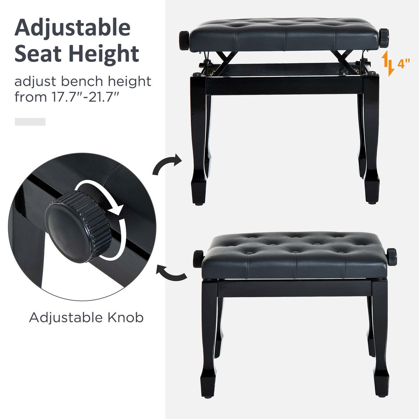 HOMCOM 25" Adjustable Height Piano Bench with Padded Cushion, Keyboard Seat with Storage and Solid Wood Legs, Black
