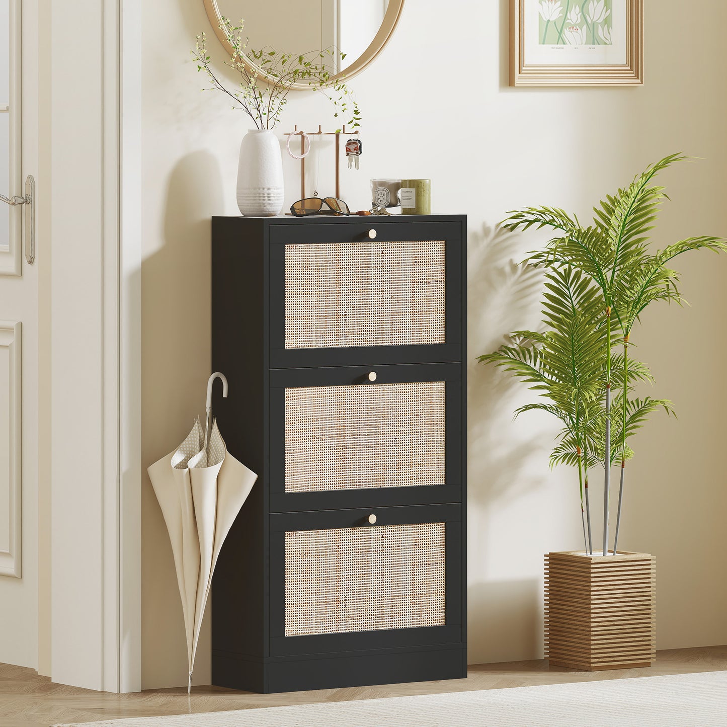 HOMCOM Rattan Shoe Storage Cabinet with 3 Flip Drawers and Adjustable Shelves, Entryway Shoe Cabinet for 18 Pairs, Black