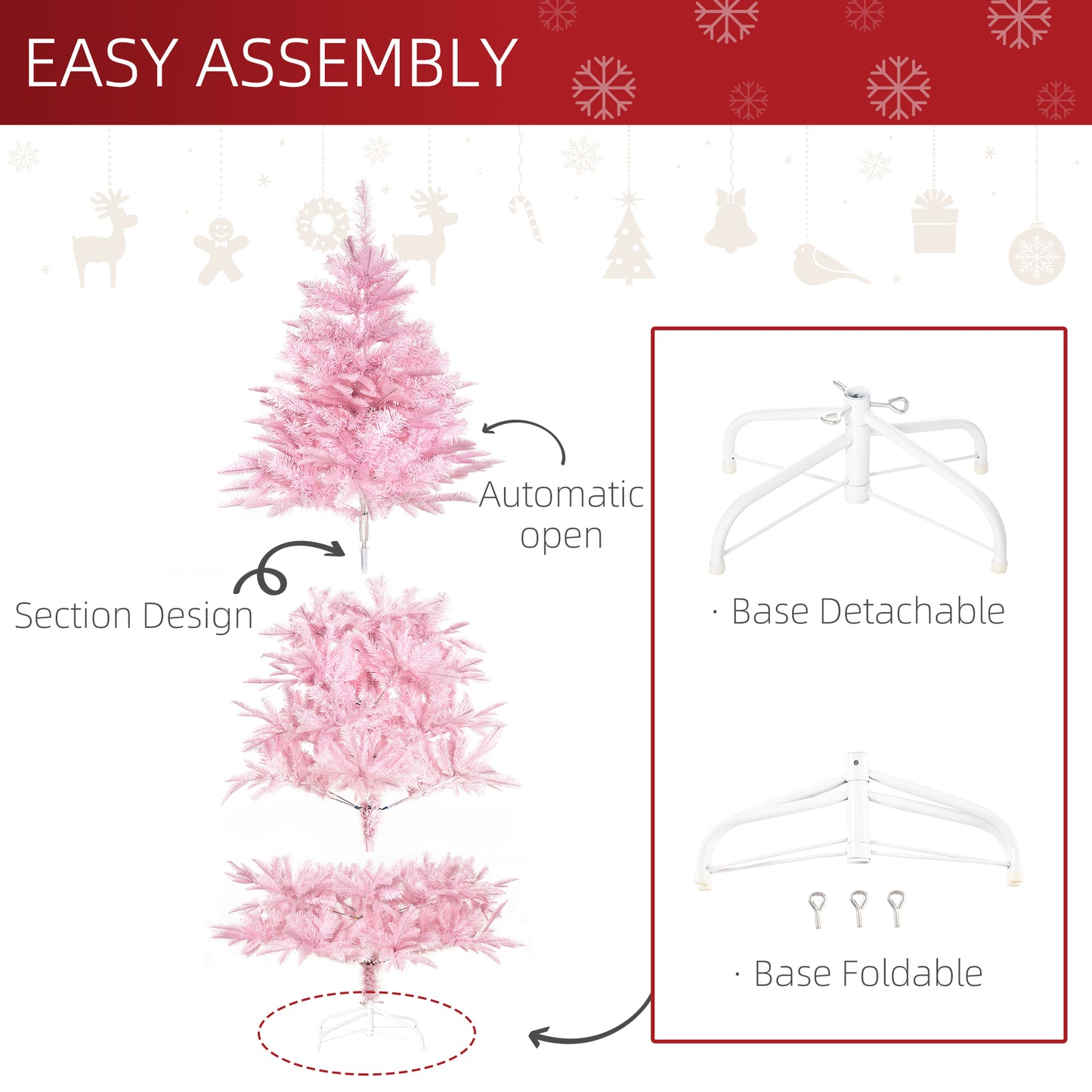 HOMCOM 5FT Artificial Christmas Tree Holiday Xmas Tree Decoration with Automatic Open for Home Party, Pink