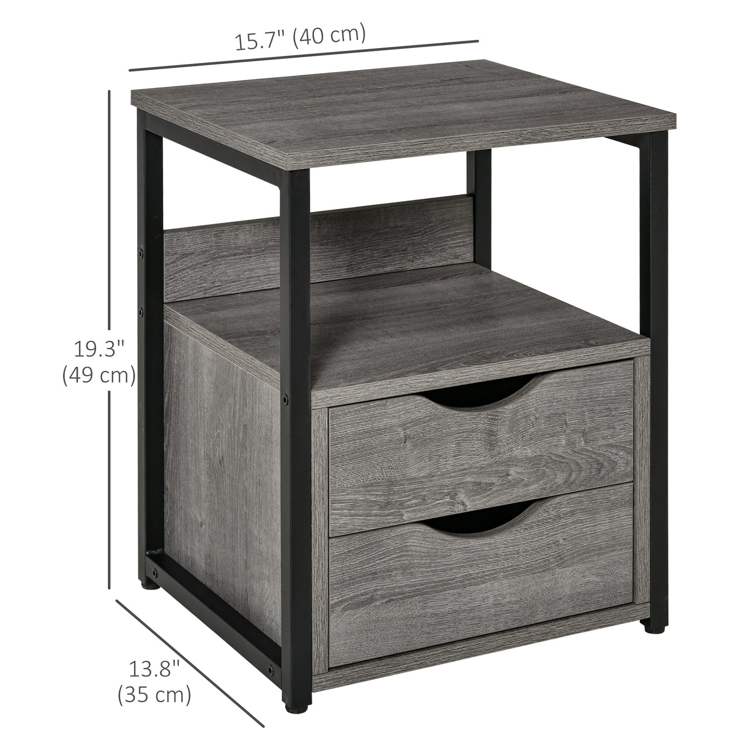 HOMCOM Nightstand with 2 Drawers, Industrial Side Table with Storage Shelf, Accent End Table for Bedroom, Living Room, Grey