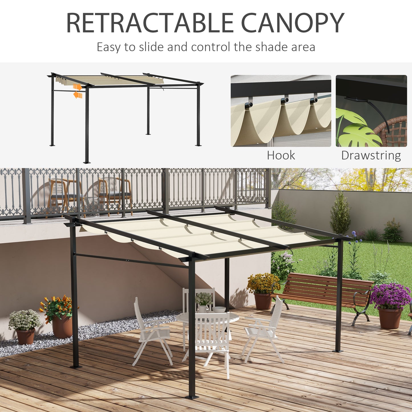 Outsunny Metal Pergola with Sliding Roof Canopy, Retractable Pergola Canopy, 10' x 10', Dark Grey