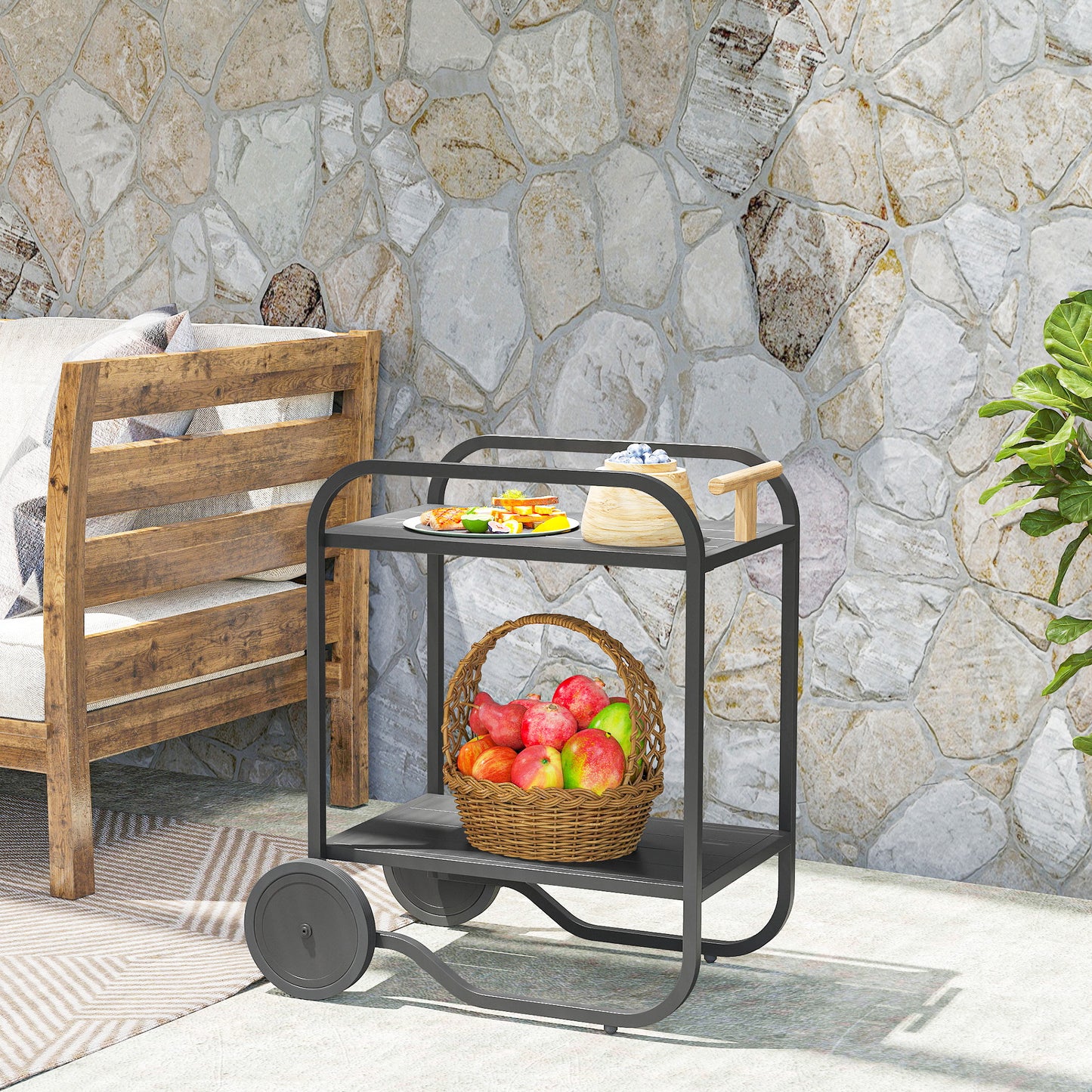 Outsunny Bar Cart with Storage, 2-Tier Rolling Kitchen Cart on Wheels with Side Handle and Steel Frame for Indoor Outdoor, Black