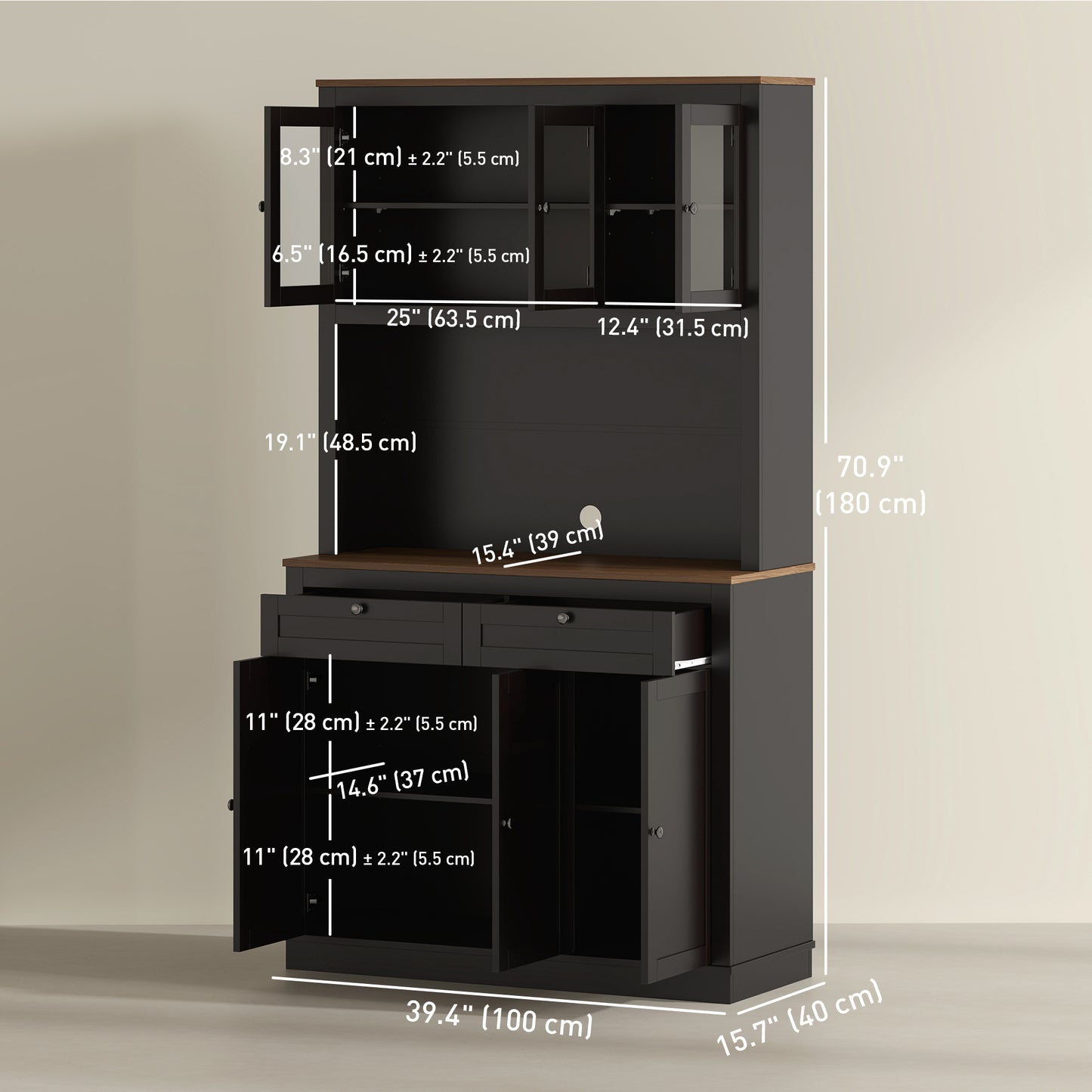 HOMCOM 71" Pantry Cabinet with Microwave Space, Buffet with Hutch, 2 Drawers, Adjustable Shelves and Glass Doors, Black