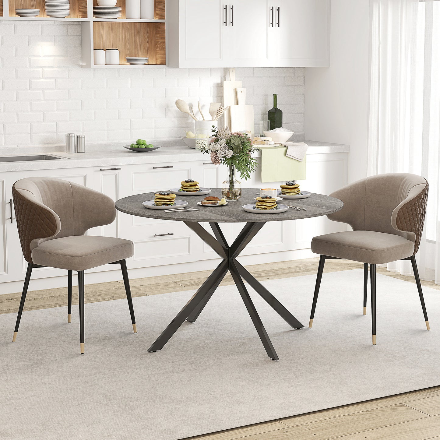 HOMCOM 47" Round Kitchen Table for 4, Industrial Dining Table with Steel Legs for Dining Room, Grey Wood Grain and Black