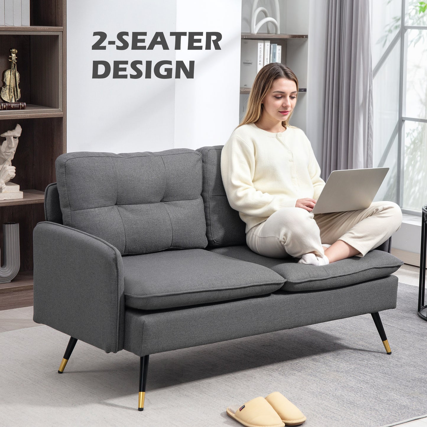 HOMCOM 55" Loveseat Sofa for Bedroom, Modern Love Seats Furniture with Button Tufting, Upholstered Small Couch for Living Room, Small Space, Grey