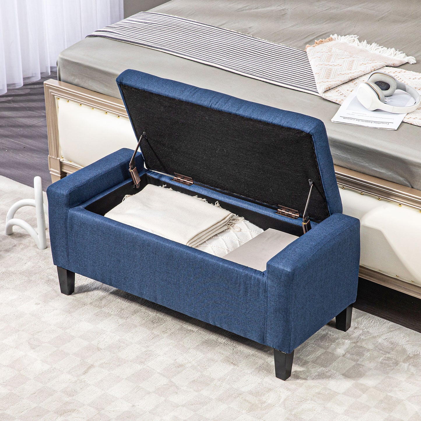 HOMCOM Storage Ottoman Bench Linen-Touch Fabric Tufted Chest Footstool with Flipping Top, Beige