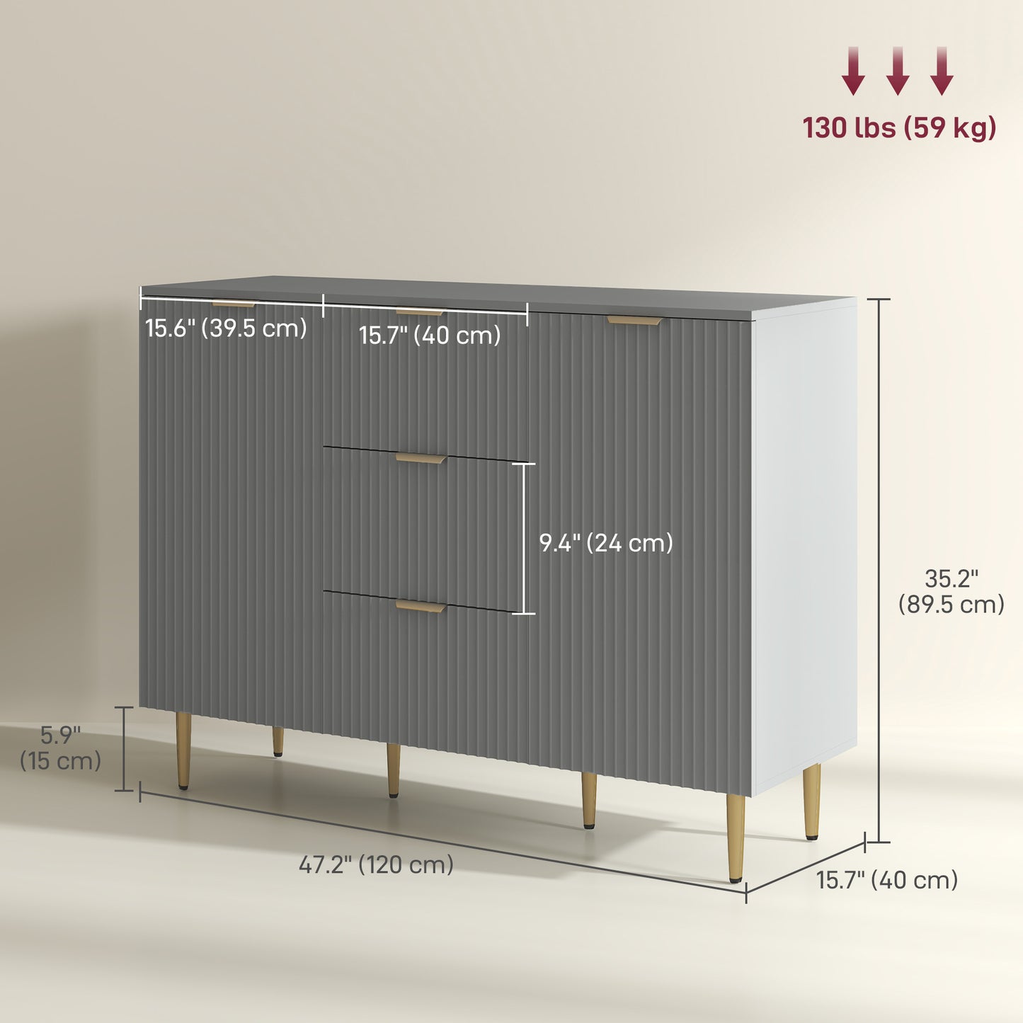 HOMCOM Modern Kitchen Storage Cabinet, Sideboard Buffet Cabinet w/ 3 Drawers and Adjustable Shelves for Kitchen Hallway, Grey