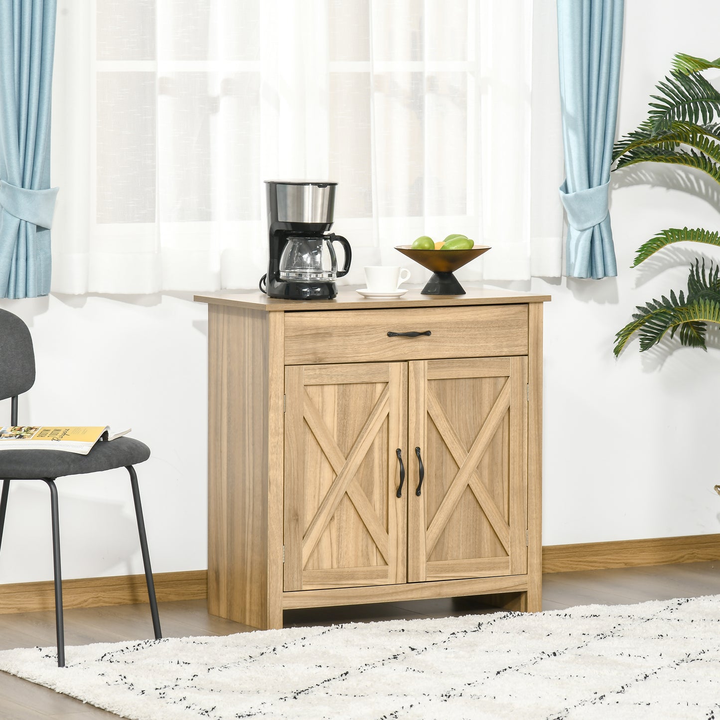 HOMCOM Farmhouse Sideboard Buffet Cabinet, Storage Cabinet with Barn Doors, Distressed Brown