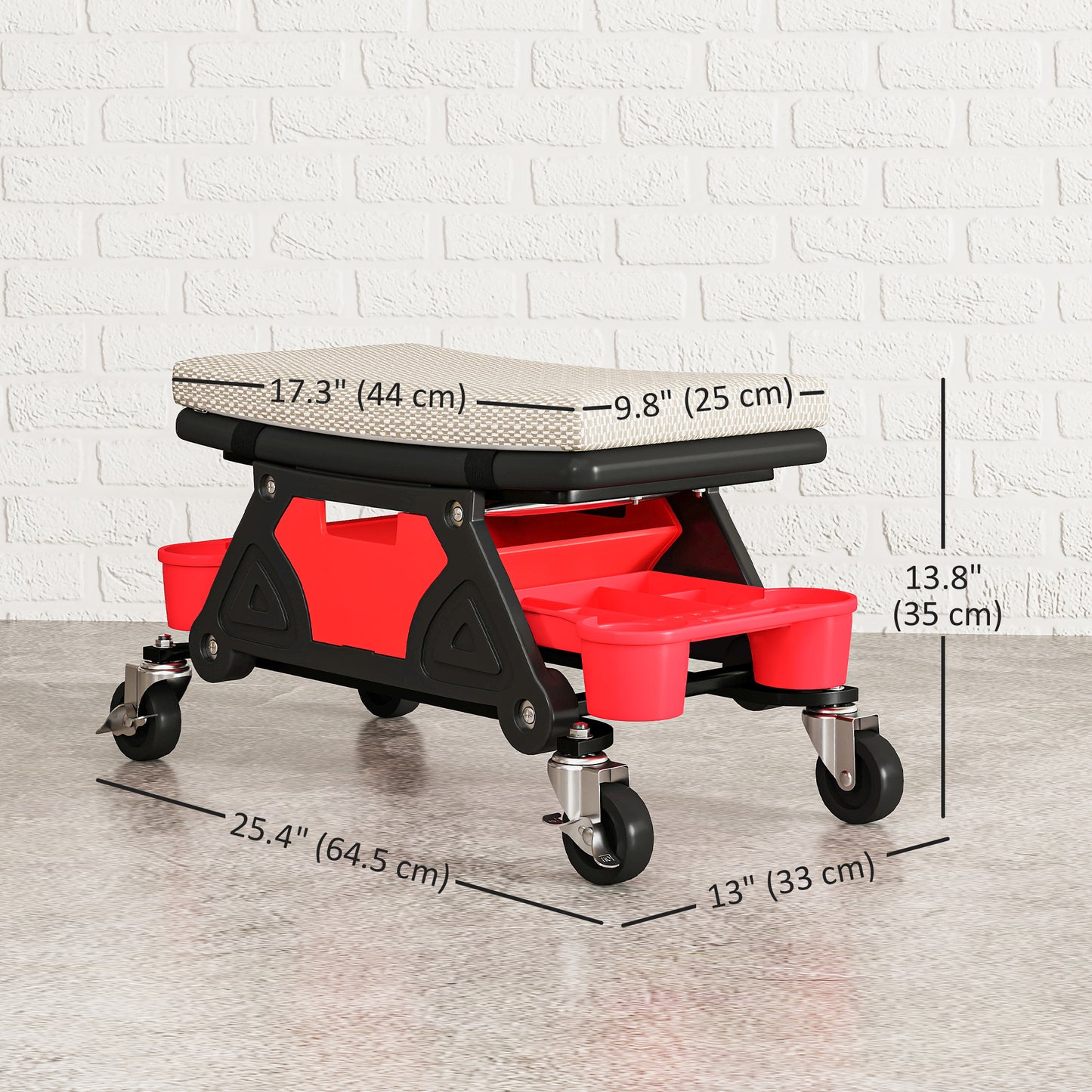 HOMCOM Rolling Garage Stool, 300 LBS Capacity Padded Mechanic Stool with 2.5" Wheels, Adjustable Height 15" -19.7", Red