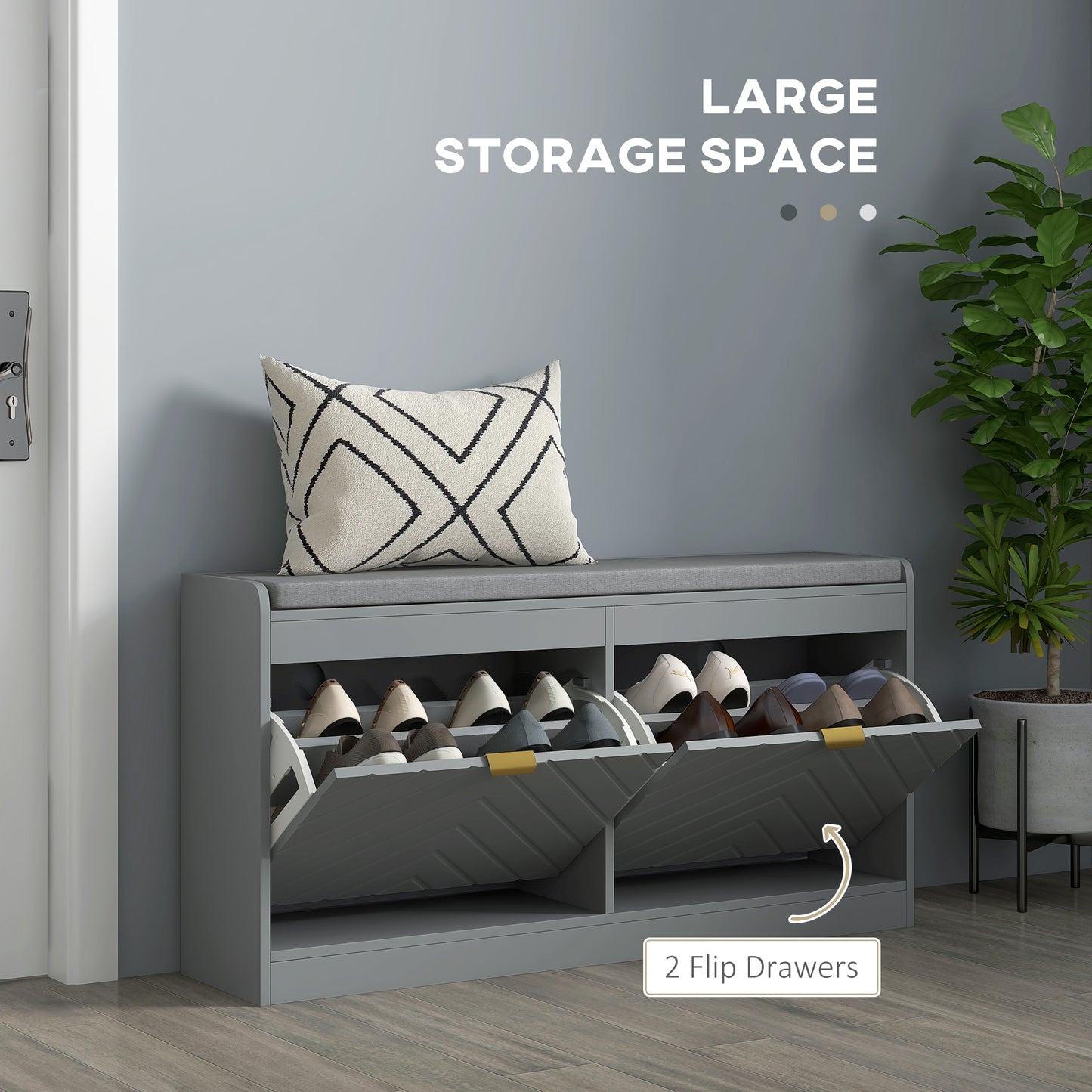 HOMCOM Shoe Storage with Seat, Upholstered Hallway Bench, Shoe Bench with 2 Flip Drawers and 4 Vents for 8 Pairs of Shoes