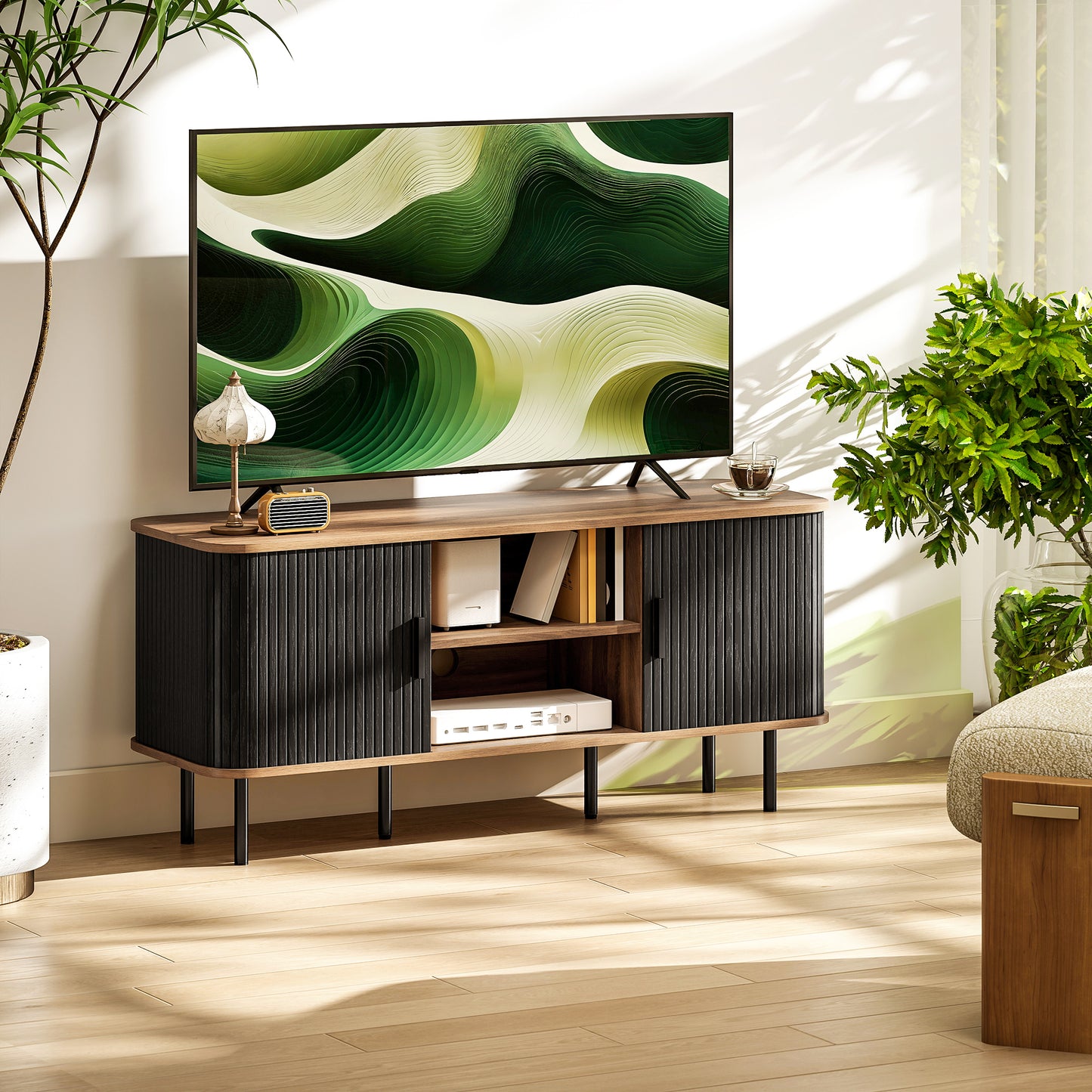HOMCOM TV Stand Cabinet for TVs up to 55 Inches, TV Unit with Storage Shelves and Cabinets for Living Room, Oak Tone