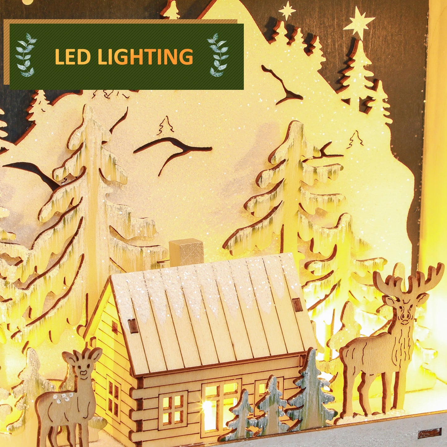 HOMCOM Wooden Christmas Advent Calendar, Lighted 24 Days Xmas Calendar House, Christmas Table Decoration with Countdown Drawers, Bible Characters, Battery Operated, Natural