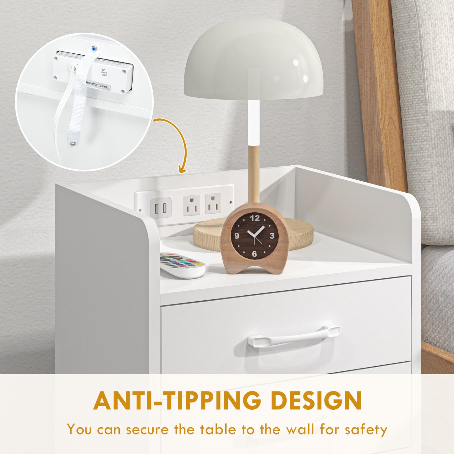 HOMCOM Tall Nightstand with Charging Station and LED Lights, Small Bedside Table with AC Outlets, USB Ports, 2 Drawers, Shelf