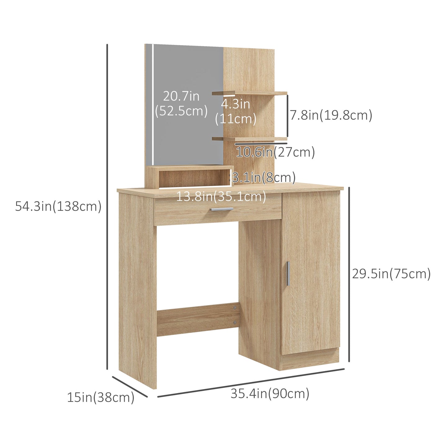 HOMCOM Dressing Table, Vanity Table with Mirror, Drawer and Storage Shelves for Bedroom, 35.4" x 15" x 54.3", White