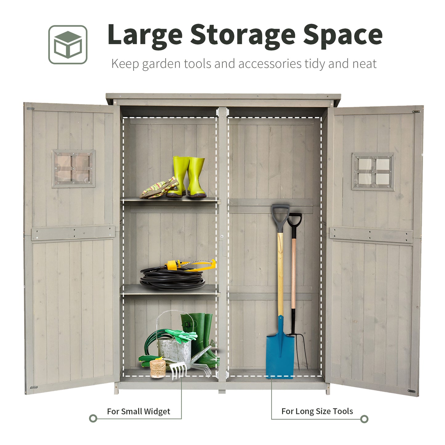 Outsunny 4x1.5ft Wooden Garden Storage Shed, Outdoor Tool Cabinet Organizer with Windows and Double Door, Grey