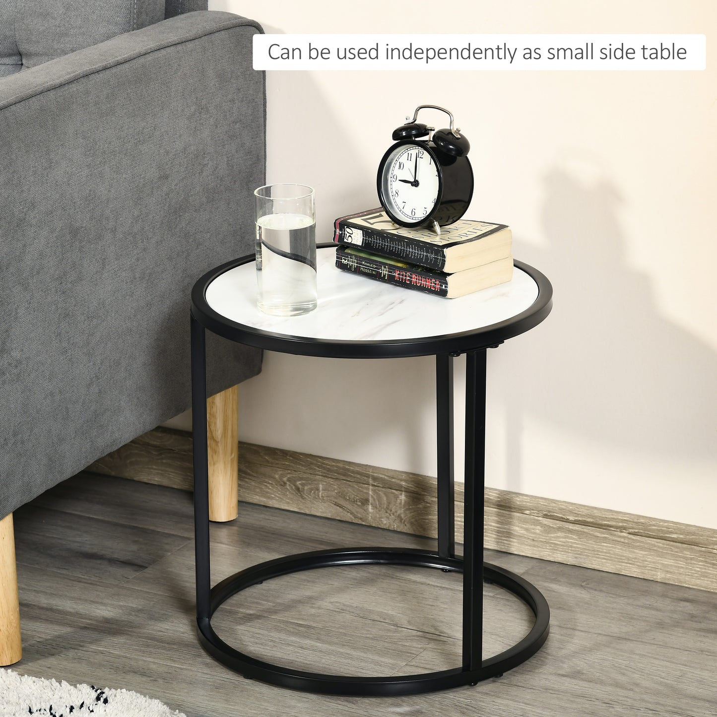 HOMCOM Round Nesting Coffee Table Set of 2, Stacking Modern Accent Tables with Faux Marble Tabletop and Metal Frame for Living Room, Black