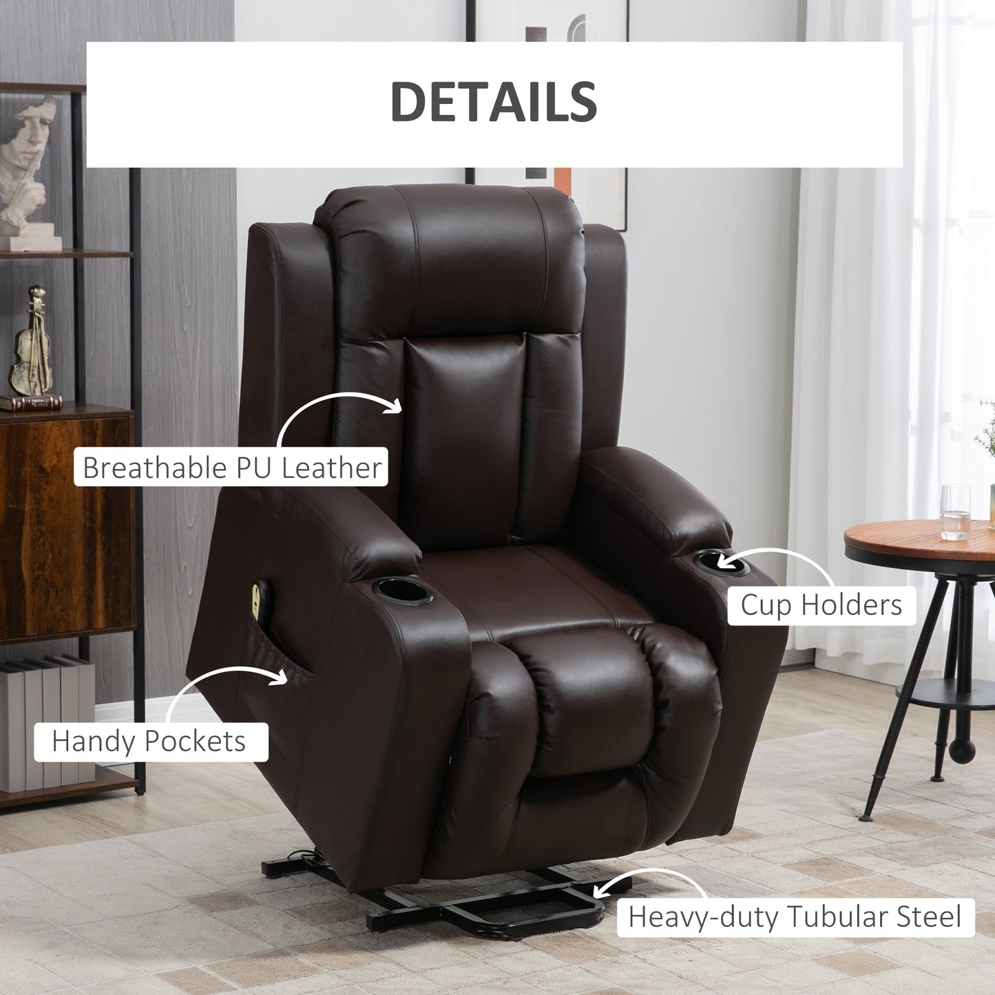 HOMCOM Electric Power Lift Chair, PU Leather Recliner Sofa with Footrest, Remote Control and Cup Holders, Brown