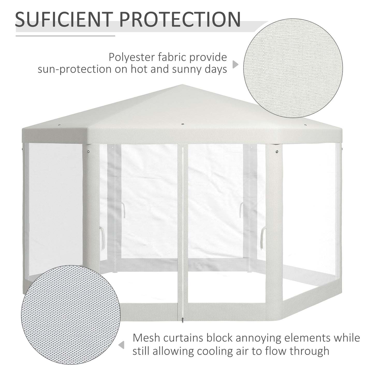 Outsunny Φ13' Hexagon Party Tent Patio Gazebo Outdoor Activity Event Canopy Quick Sun Shelter Pavilion with Netting Mesh Sidewall Cream White