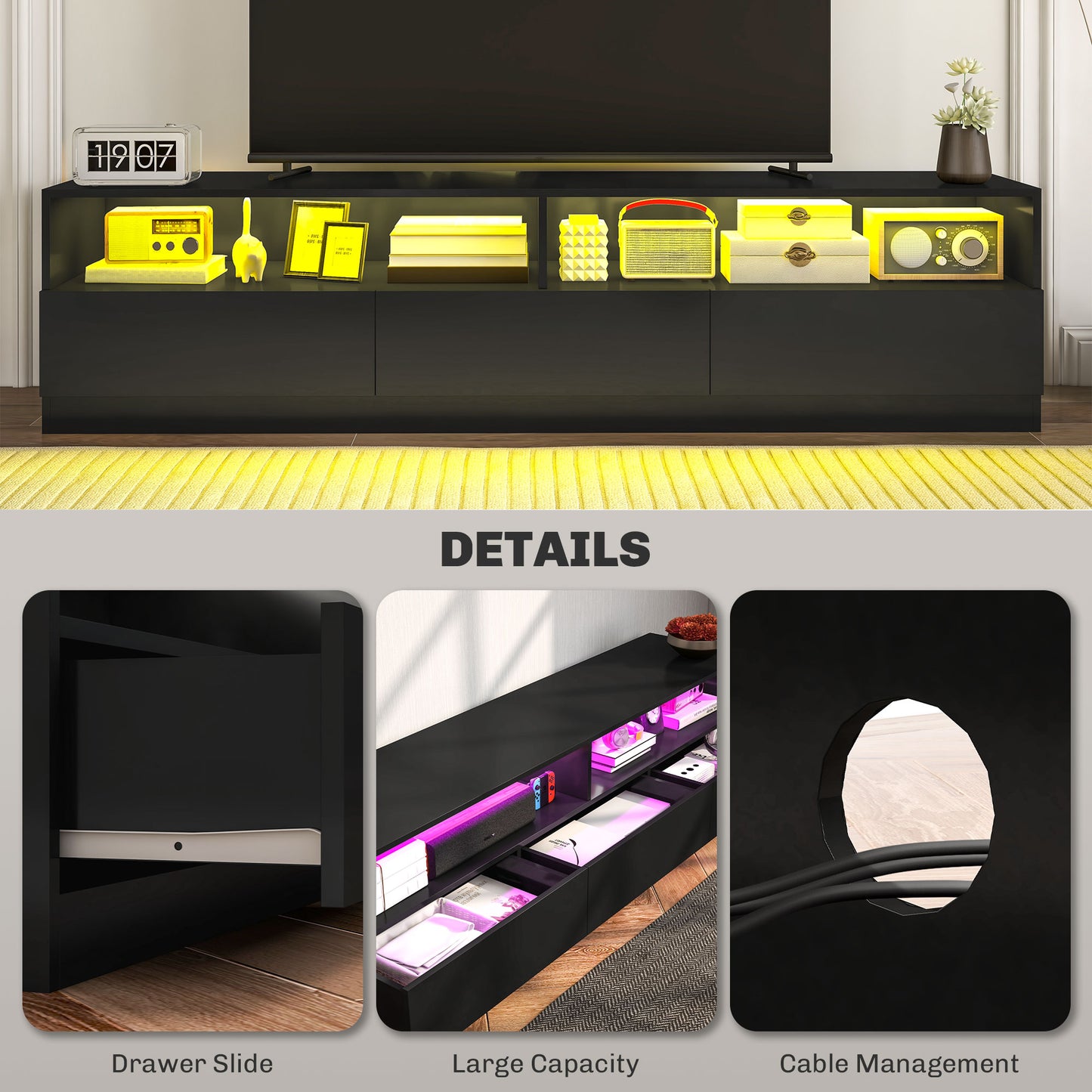 HOMCOM LED Lighted TV Stand for TVs up to 75", Modern TV Cabinet with Storage Drawers for Living Room, High Gloss White