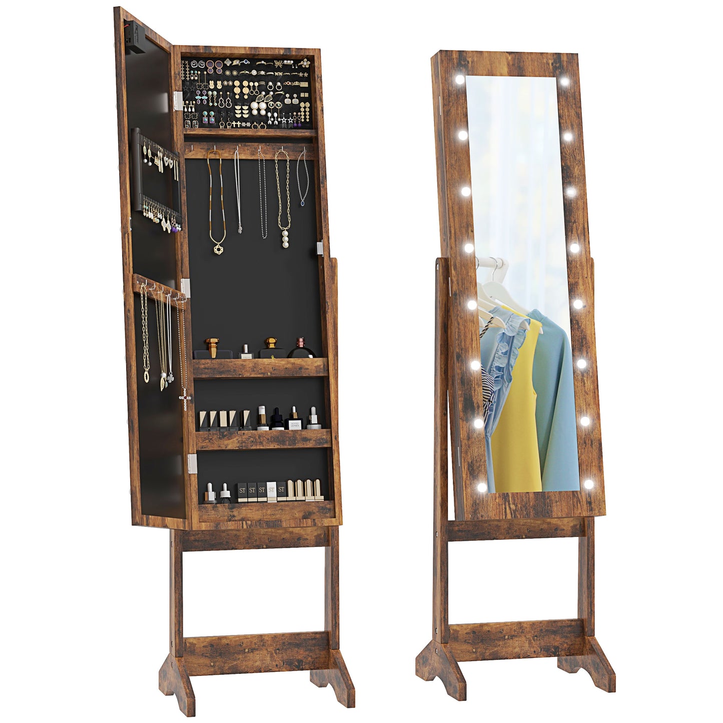 HOMCOM Free Standing Armoire Organizer, Lighted Mirrored Jewelry Cabinet w/ Angle Adjustable & 16 LED Lights Warm White