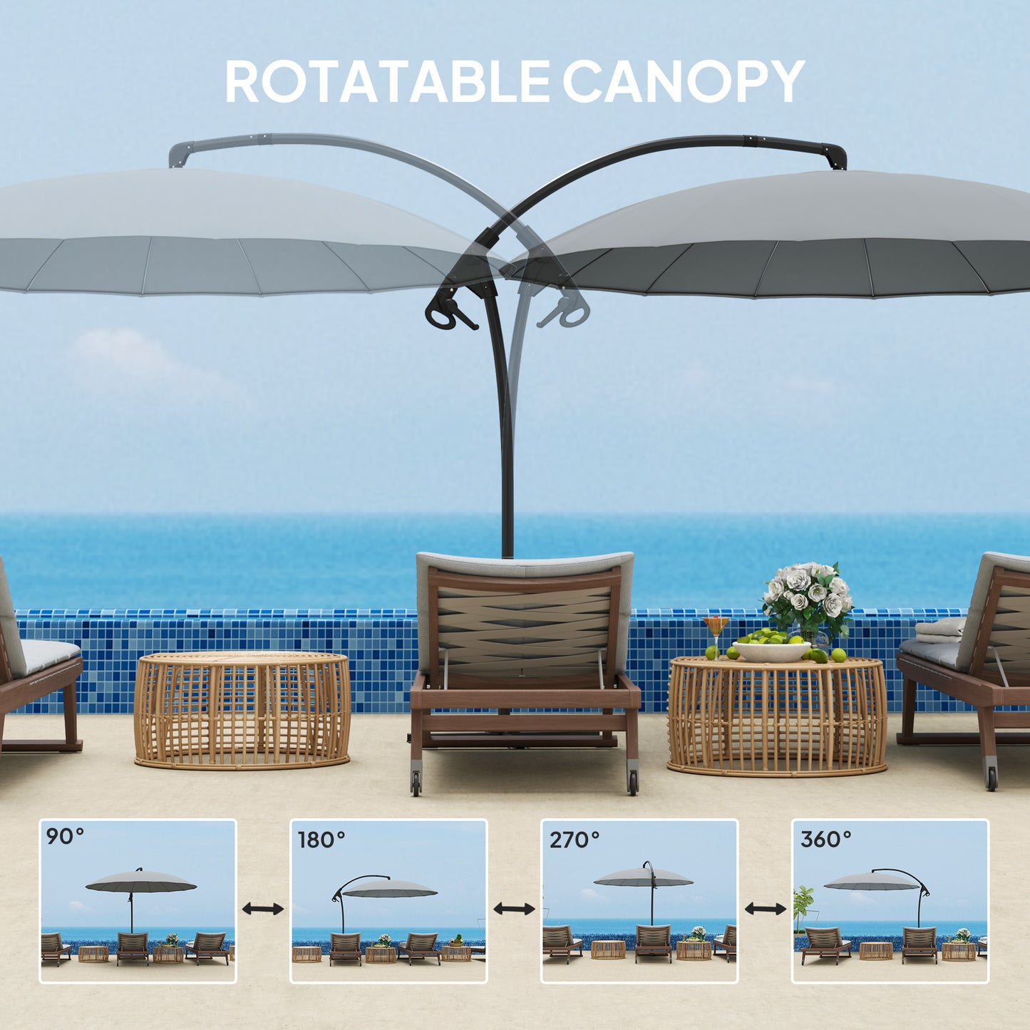 Outsunny 9FT Cantilever Umbrella with 16 Fibreglass Ribs, Offset Hanging Umbrella, Patio Umbrella with Crank and Cross Base, Grey