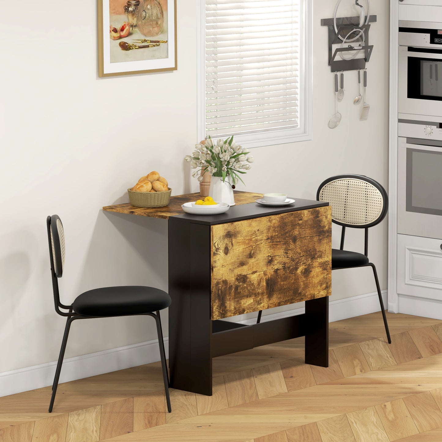 HOMCOM Drop Leaf Dining Table Wood Folding Table Multi-Use Side Table Dining Desk Space Saving Table, Rustic Brown and Black