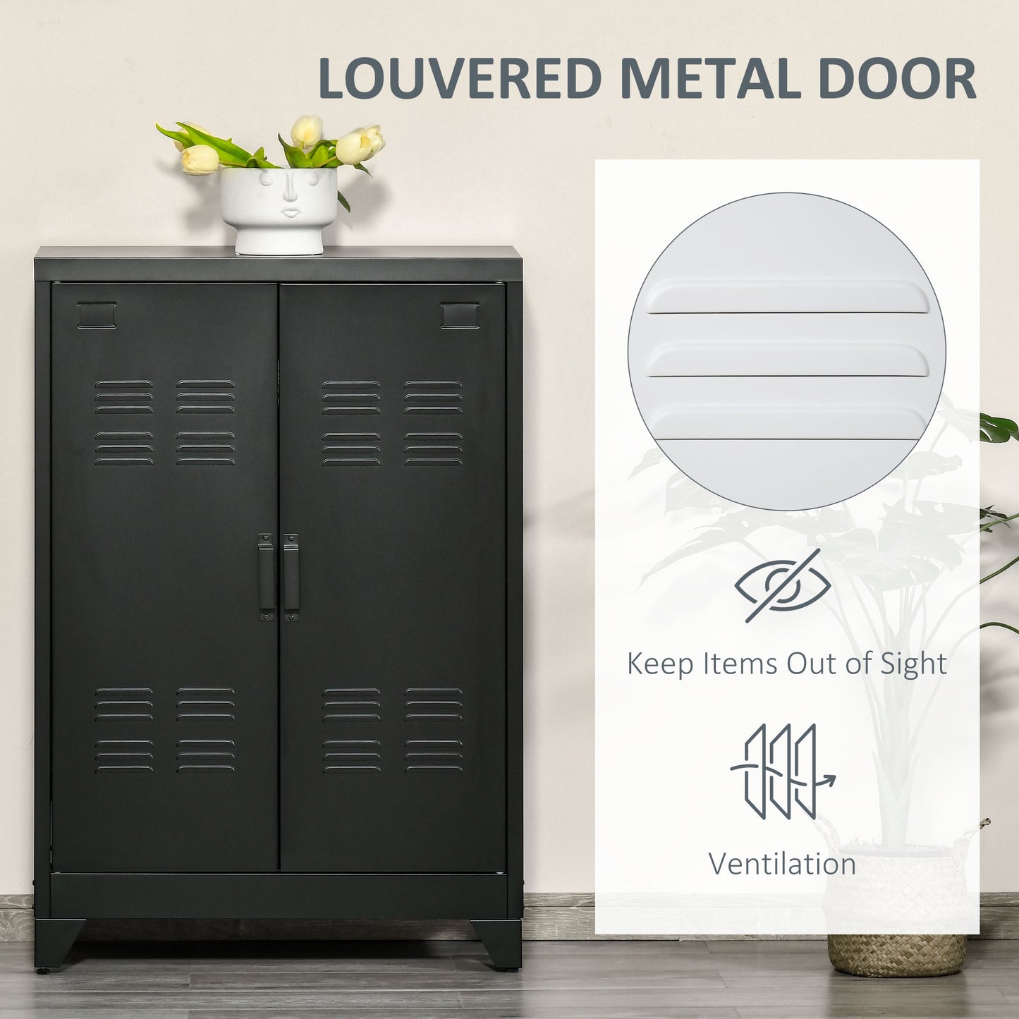 HOMCOM Metal Storage Cabinet, Industrial Sideboard Buffet Cabinet with 2 Louvered Doors, Adjustable Shelves, Grey
