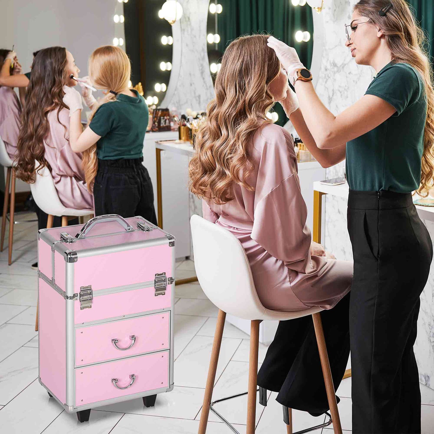 HOMCOM Rolling Makeup Train Case, Large Storage Cosmetic Trolley, Lockable Traveling Cart Trunk with Folding Trays, Swivel Wheels