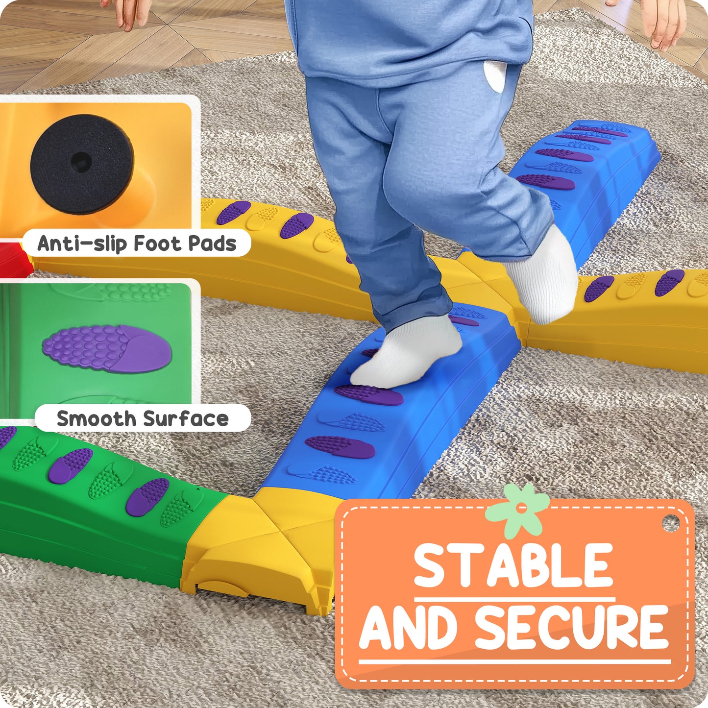 Outsunny 8pcs Balance Beam for Kids, 4 Sensory Pads and 4 Beams with Non-slip Surface & Bottom, Stackable Stepping Stones Kids for Boys Girls 3-6 Years, Multicoloured