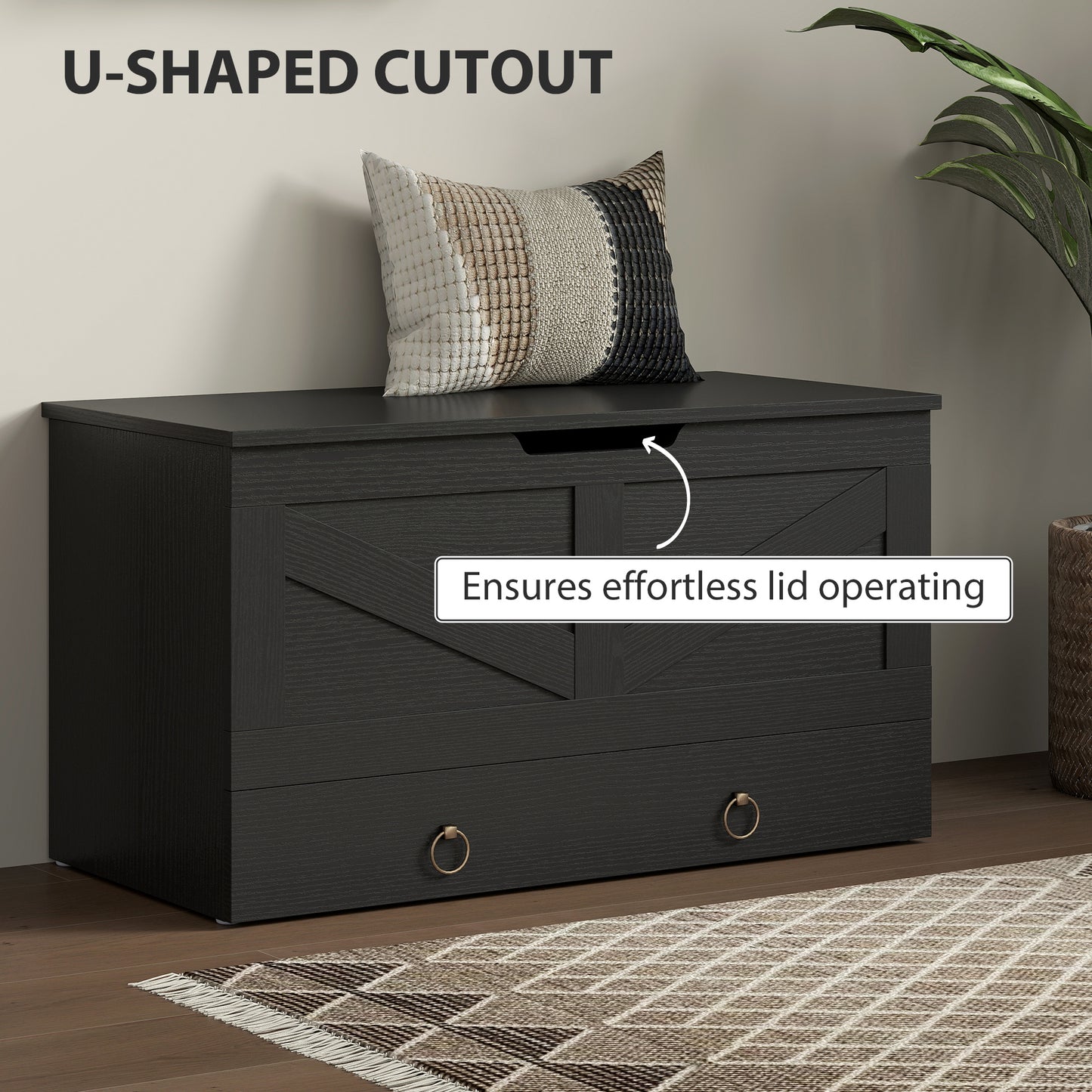 HOMCOM 31.5 Inches Storage Chest, Storage Trunk with 2 Safety Hinges, Wooden Box for Living Room, Black Wood Grain