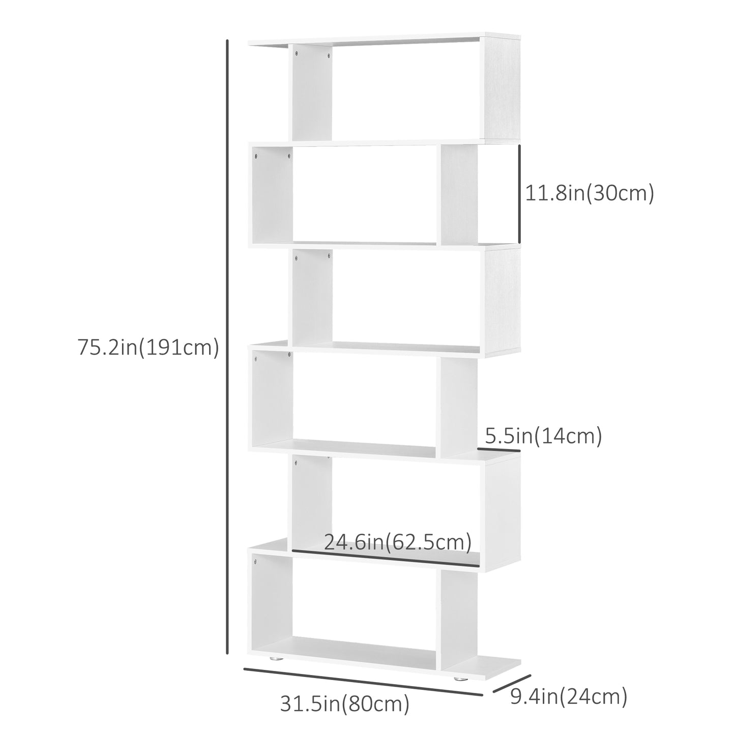 HOMCOM Wooden S Shape Bookcase 6 Shelves Storage Display Home Office Furniture