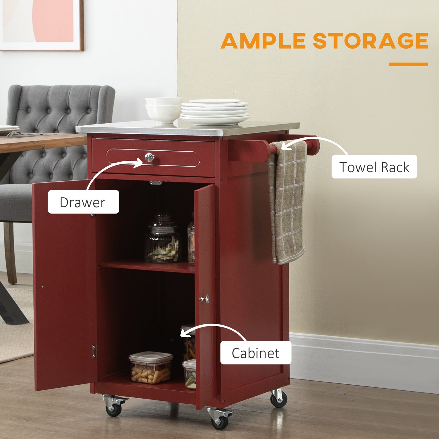 HOMCOM Kitchen Cart, Small Kitchen Island, Stainless Steel Top Utility Trolley on Wheels with Storage Drawer for Dining Room, Kitchen (White)