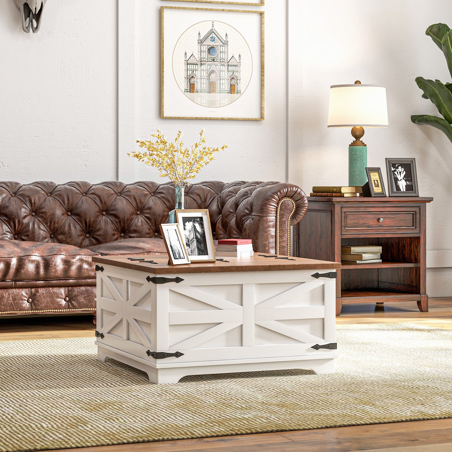 HOMCOM Farmhouse Coffee Table, Square Center Table with Flip-top Lids, Hidden Storage Compartment, Black