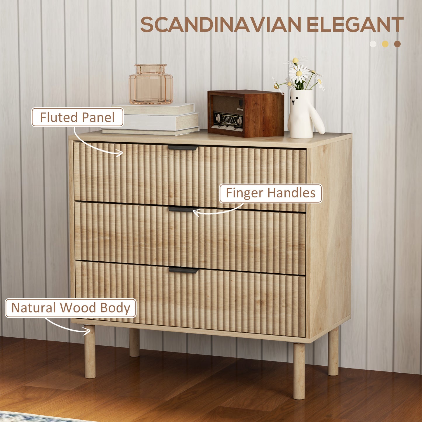 HOMCOM Bedroom Chest of Drawers, 3 Drawer Dresser with Fluted Panels and Solid Wood Legs, Storage Cabinet for Living Room, Oak