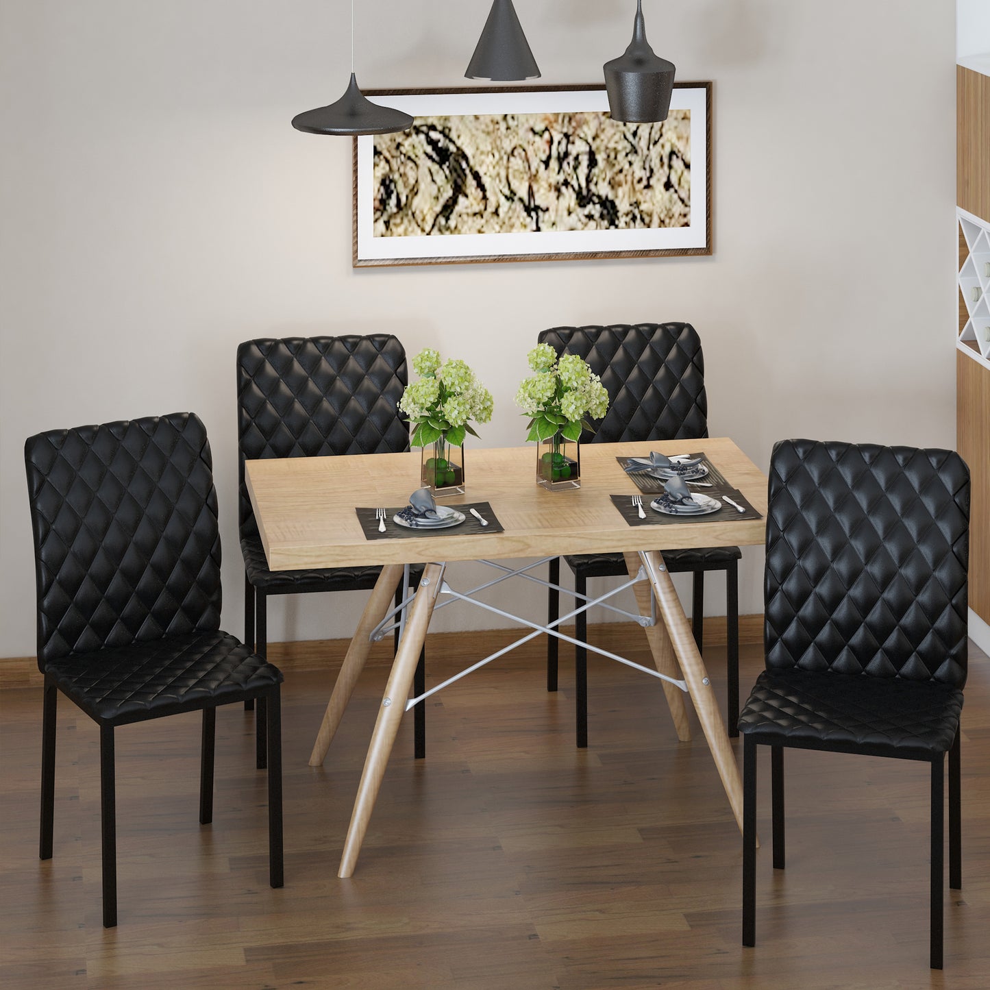 HOMCOM Modern Dining Chairs Set of 4, Upholstered Faux Leather Kitchen Chairs with Rhombic Tufting and Metal Legs for Living Room, White