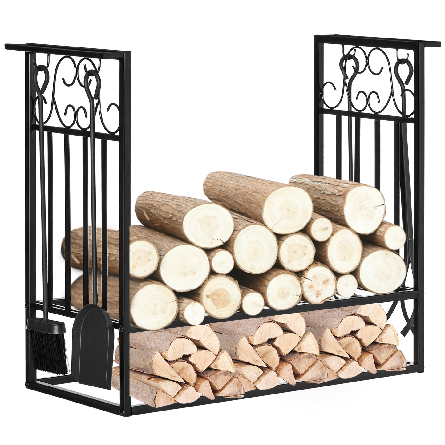 Outsunny 2-Tier Firewood Log Rack with 4 Tools 33" Fireplace Wood Holder Storage Log Rack with Shovel, Broom, Poker, Tongs and Hooks