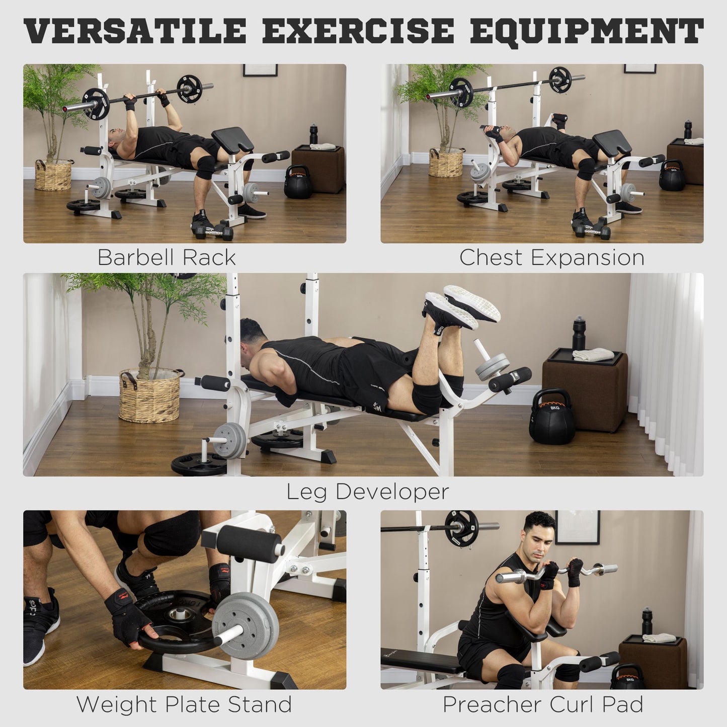 Soozier Bench Press Set Adjustable Weight Bench with Squat Rack, Preacher Curl Pad, Leg Developer and Weight Storage, White