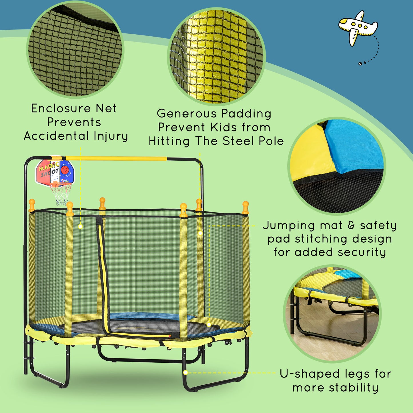 Qaba 4.6FT Trampoline for Kids with Enclosure Net for Ages 3-10, Indoor Outdoor Use, Black
