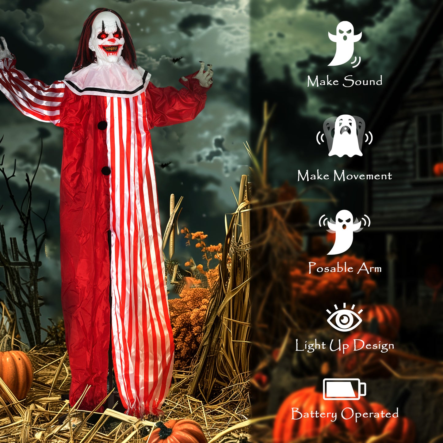 Outsunny Life Size Halloween Animated Clown with Red Light Up Eyes, Sound Activated Scary Halloween Decorations, Battery Operated