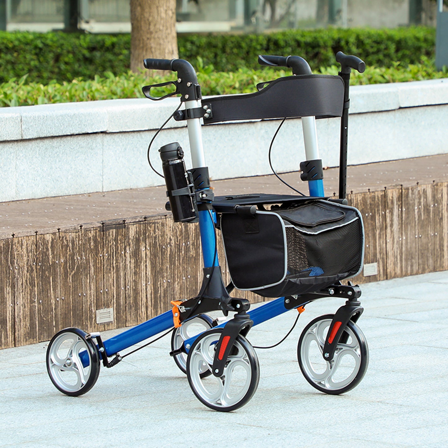 HOMCOM Lightweight Folding Rolling Walker with Large Seat, Back, Adjustable Handle, Bag, Dual Brake, Cane Holder, Red