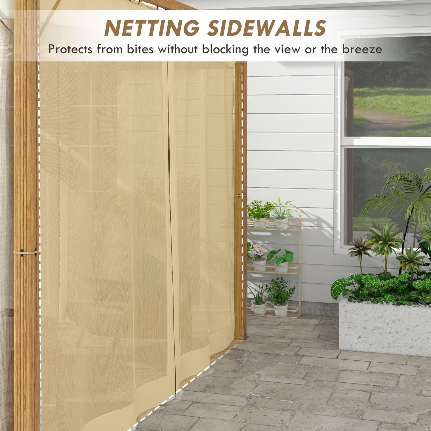 Outsunny 10 x 10 ft Retractable Pergola, Garden Gazebo Shelter with Nettings for Grill, Patio, Deck, Natural