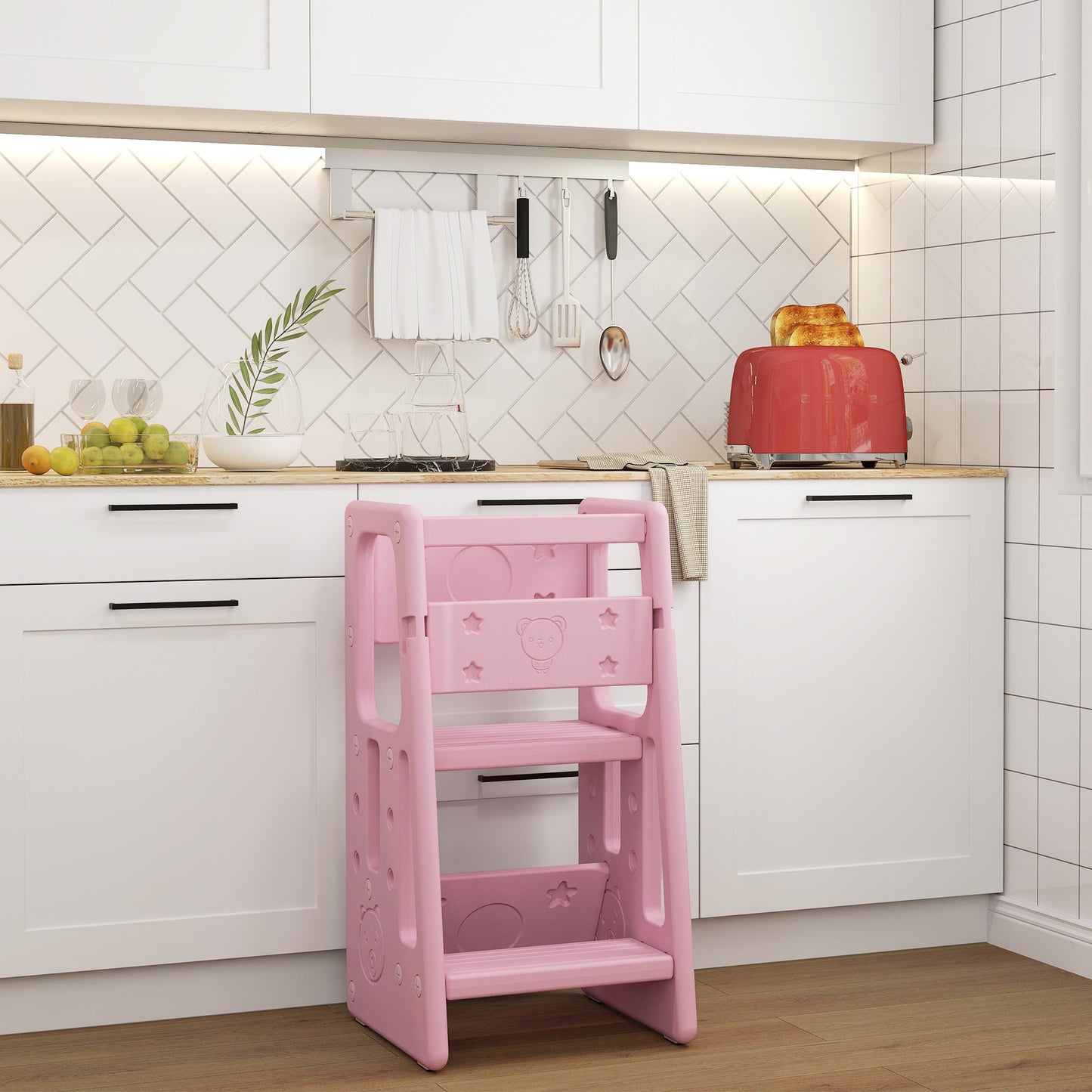 Qaba Toddler Kitchen Helper 2 Step Stool with Adjustable Height Platform and Safety Rail, White