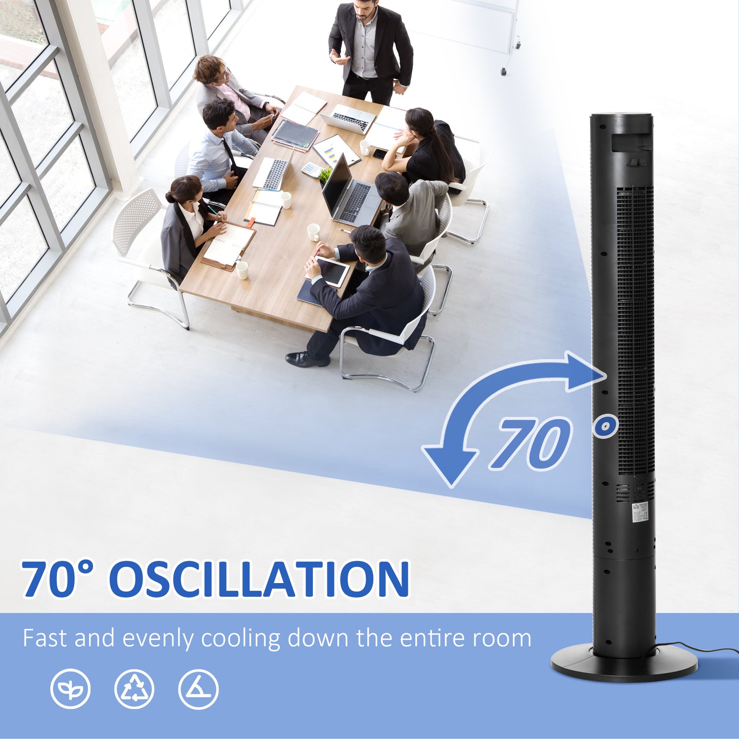 HOMCOM Freestanding Tower Fan Cooling for Home Bedroom with 3 Speed, 12h Timer, Oscillating, LED Panel, Remote Controller, Black
