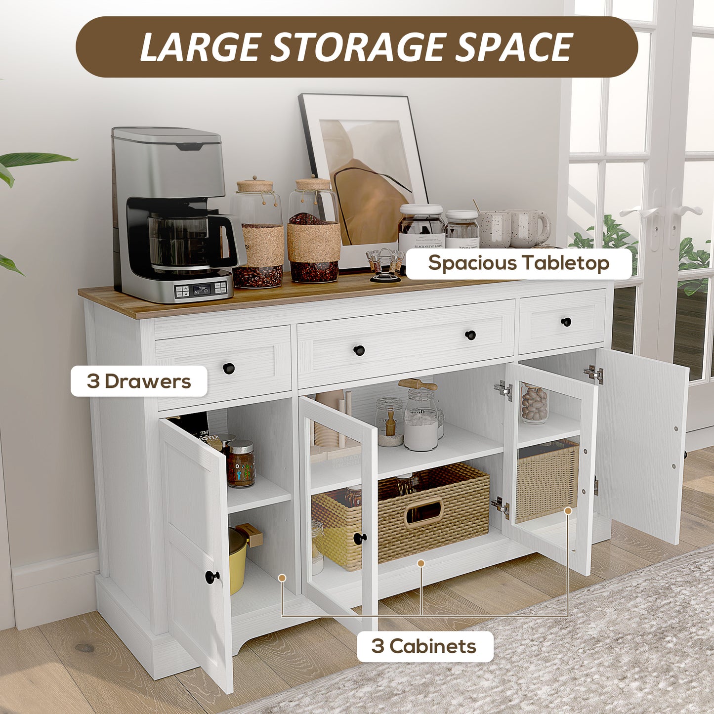 HOMCOM Sideboard Buffet Cabinet with Storage, Coffee Bar Cabinet with Glass Doors and Adjustable Shelves, Distressed White