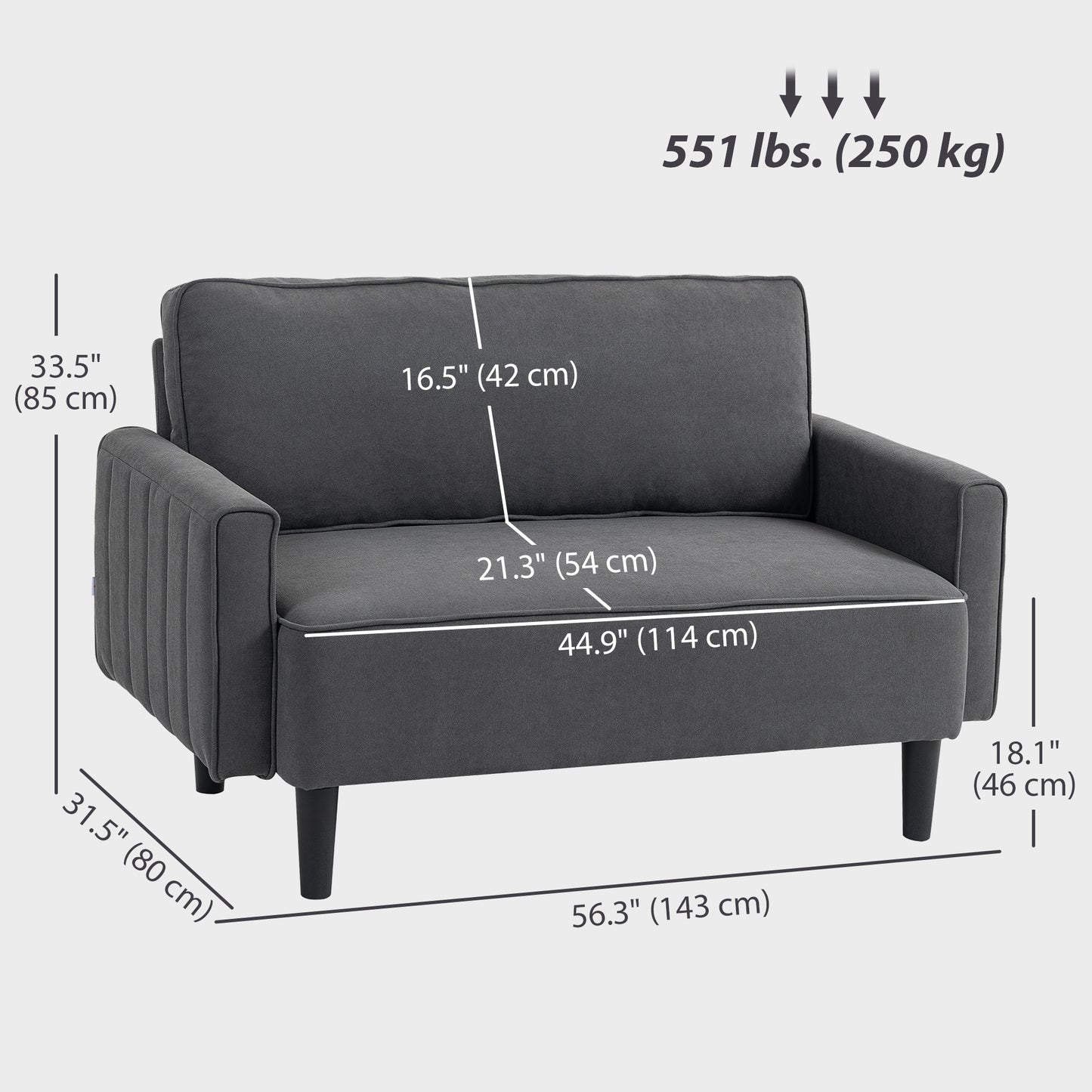 HOMCOM Loveseat Sofa, Linen 2 Seater Sofa Couch with Thick Padded Seat & Backrest for Living Room, Home Office, Dark Grey