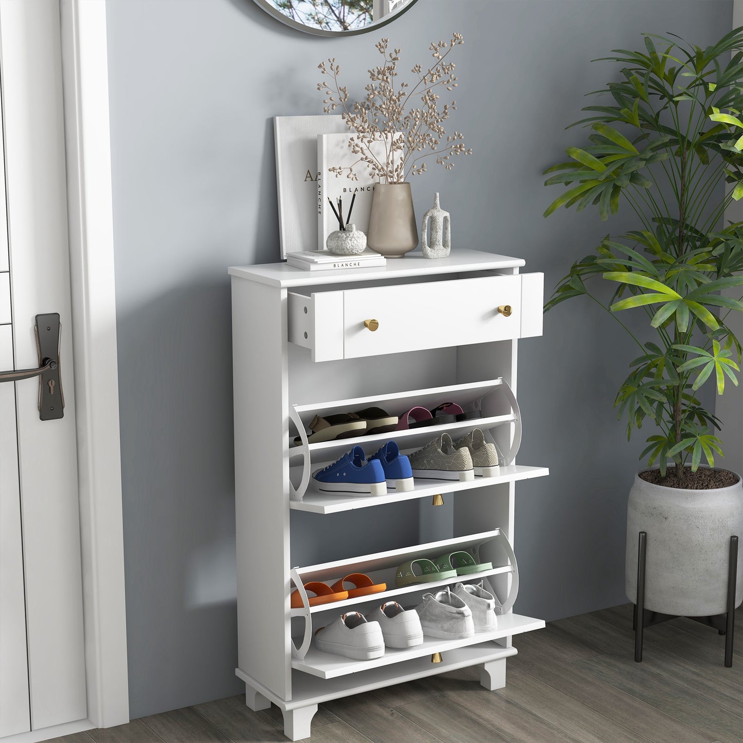 HOMCOM Slim Shoe Storage with 2 Flip Drawers and Adjustable Shelves Shoe Cabinet Organizer for 8 Pair, White